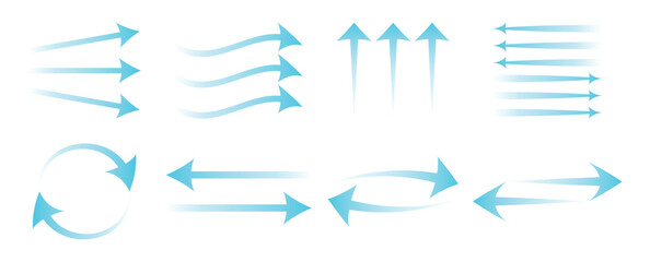 Air flow set. Blue arrows showing air. Vector illustration