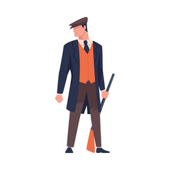 Man Bandit or Gangster of Old London Wearing Overcoat and Peaked Flat Cap Vector Illustration