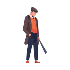 Man Bandit or Gangster of Old London Wearing Overcoat and Peaked Flat Cap Vector Illustration