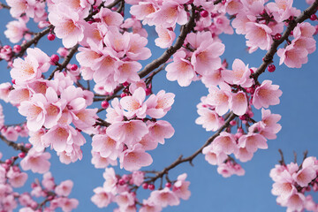 Japanese Cherry Blossoms Against A Blue Colored Background, Made By AI, Artificial Intelligence