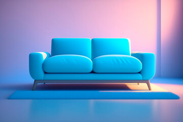 A blue sofa and rug in 3d style. Modern interior design style. Generative AI.
