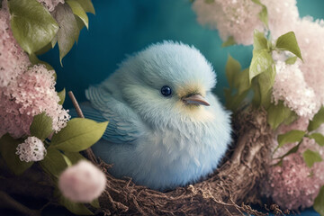 Tiny Blue Wonder: A Sweet Baby Bird in a Floral Nest