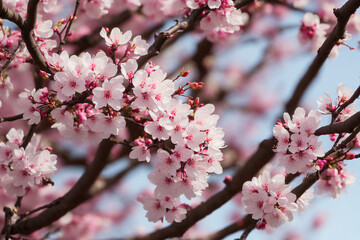 Obraz premium Cherry Blossoms In The Spring Against A Blue Sky, Made By AI, Artificial Intelligence