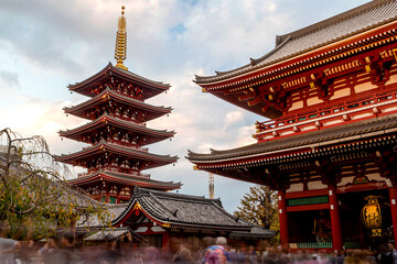 five-story pagoda and the main hall of the Senso-ji ancient Buddhist temple in Asakusa, Tokyo, Japan