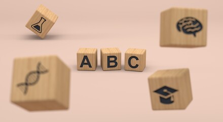 ABC, wooden cube letters on plain background forming ABC (3d illustration