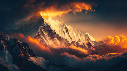 himalayan mountain top above the clouds - obrazy, fototapety, plakaty