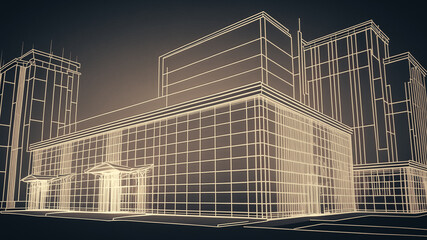 Perspective 3D render of building wireframe