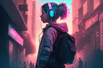 Girl standing with headphones on a futurist street at sunset. Generative AI