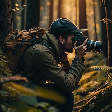 photographer in a forest, taking photo, jungle, plants