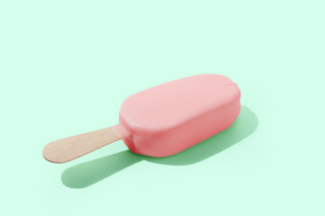 Strawberry ice cream on a stick on green pastel background