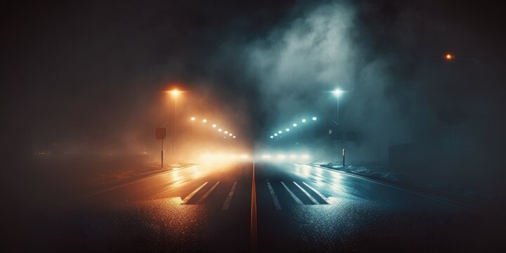 The Empty City Street. Wet Road With Street Lights.Warm And Cold Light. Thick Fog. Epic Background.