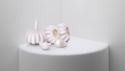 Fototapeta na wymiar Garlic on white interior For product display or exhibition 3D rendering