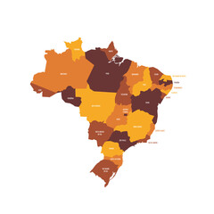 Brazil political map of administrative divisions - Federative units of Brazil. Flat vector map with name labels. Brown - orange color scheme.