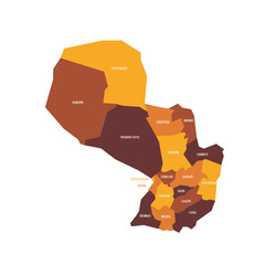 Paraguay political map of administrative divisions - departments and capital district. Flat vector map with name labels. Brown - orange color scheme.
