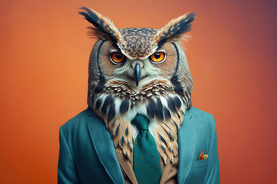 Studio photo portrait of a owl in business clothes, concept of Business Attire and Professionalism, created with Generative AI technology