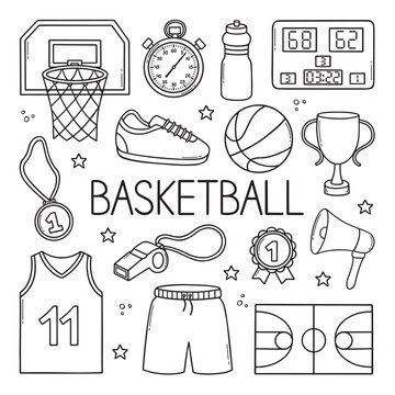 Basketball doodle set. Basketball basket, sport wear, ball, winner cup, medal in sketch style.  Hand drawn vector illustration isolated on white background