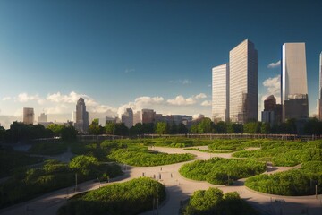 Fototapeta na wymiar Empty city square and green tree with modern city skyline scenery. Generative AI