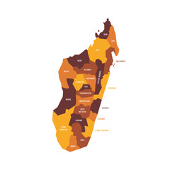 Madagascar political map of administrative divisions - regions. Flat vector map with name labels. Brown - orange color scheme.