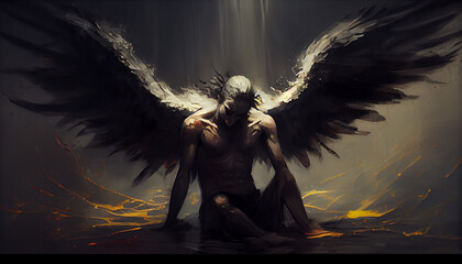 Fallen angel with dark wings, painting, Generative AI