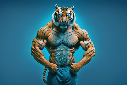 Tiger In Fitness Wear Blue Background, Concept Of Athletic Strength And Vibrant Color, Created With Generative AI Technology