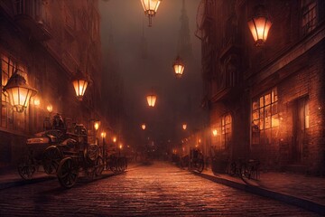 Steampunk scene. Night in the ancient city. Lanterns illuminating old brick buildings. Beautiful night cityscape. Photorealistic 3D illustration. Generative AI