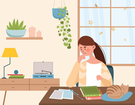 Dreaming woman at table. Young girl sits next to books and cat and thinks. Student does her homework and prepares for test or examination. Education and training. Cartoon flat vector illustration