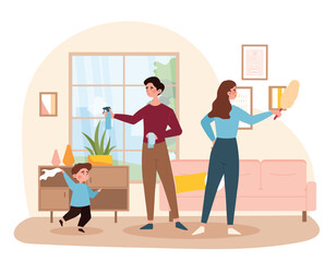Family doing housework. Man with spray in his hand and woman with broom clean room, son helps parents. Routine, little helper, people with cleaning equipment. Cartoon flat vector illustration