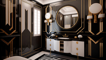 Interior design Classic and elegant styles Art Deco Bathroom| Glamour, elegance, geometric elements, abstract prints, golden details. Black, white and gold | Illustration Generated AI