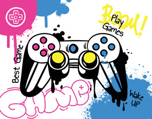 Game logo joystick. Controller or gamepad, symbol of video games and entertainment. Fashion and trend, design element for printing on fabric. Grunge and retro style. Cartoon flat vector illustration