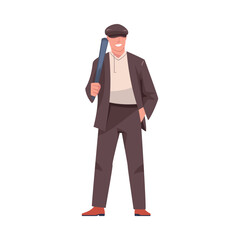 Man Bandit or Gangster of Old London Wearing Jacket and Peaked Flat Cap Vector Illustration