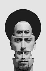 Collage in surrealism style with head of a young bearded man. Portrait in surrealism style of a young bearded man	