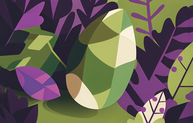 Easter eggs and leaves wallpaper, modern geometric background in green and purple. Flat illustration. AI generated
