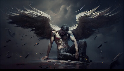 Fallen angel with dark wings, painting, Generative AI - obrazy, fototapety, plakaty