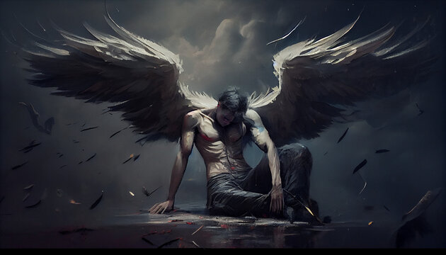 Fallen angel with dark wings, painting, Generative AI
