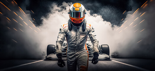 formula one racing driver before start of competition on track. Banner with copy space, digital ai art