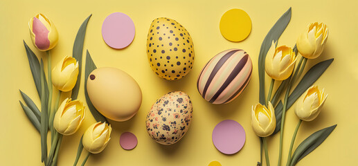 Fototapeta na wymiar Easter background. Colorful Easter egg on pastel yellow background. Concept of Happy Easter. digital ai art 