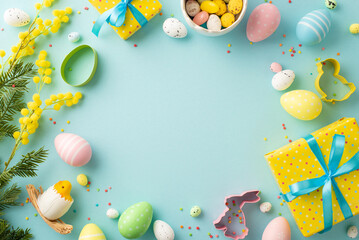 Easter concept. Top view photo of yellow present boxes plate with easter eggs mimosa flowers chicken baking molds and sprinkles on isolated pastel blue background with empty space in the middle