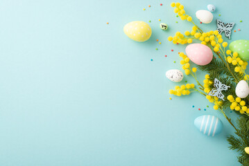 Easter concept. Top view photo of colorful easter eggs yellow mimosa flowers butterflies and sprinkles on isolated light blue background with empty space