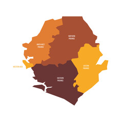 Sierra Leone political map of administrative divisions - provinces and one area. Flat vector map with name labels. Brown - orange color scheme.