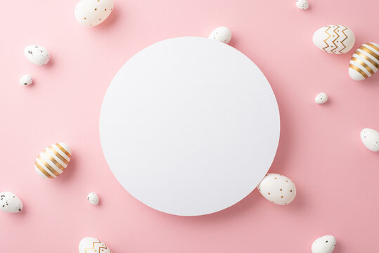 Easter decorations concept. Top view photo of white circle easter eggs on isolated pastel pink background with copyspace