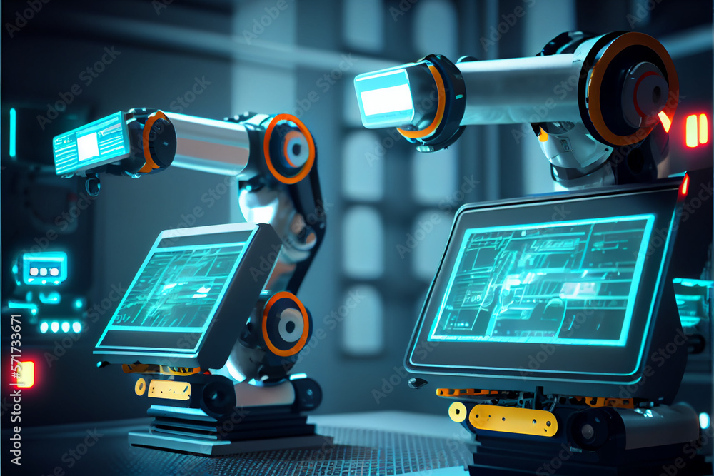 Poster manager engineer check and control automation robot arms machine in intelligent factory industrial o