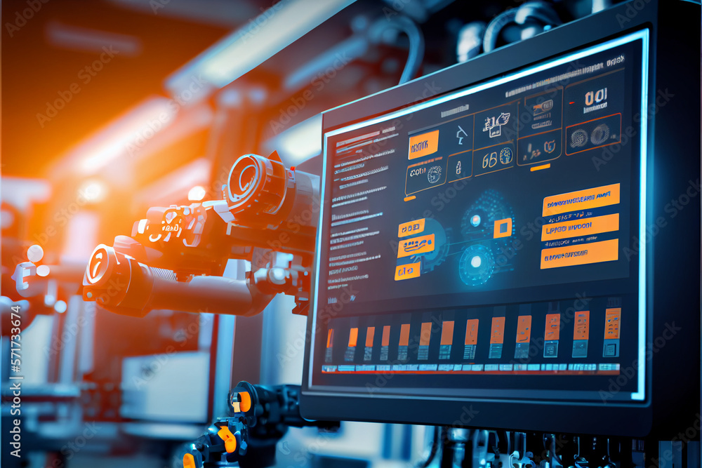 Poster manager engineer check and control automation robot arms machine in intelligent factory industrial o