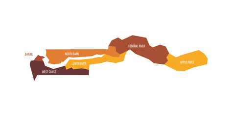 The Gambia political map of administrative divisions - regions and city of Banjul. Flat vector map with name labels. Brown - orange color scheme.