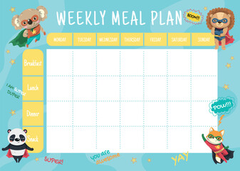 Supreheroes weekly meal planner. Design element for drawing up childrens diet. Healthy eating and proper nutrition. Grocery list with funny fox, lion, koala and panda. Cartoon flat vector illustration