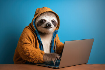 Studio photo portrait of a happy sloth in hipster clothes with laptop, created with Generative AI technology - obrazy, fototapety, plakaty