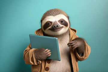 Studio photo portrait of a happy sloth in hipster clothes with laptop, created with Generative AI technology