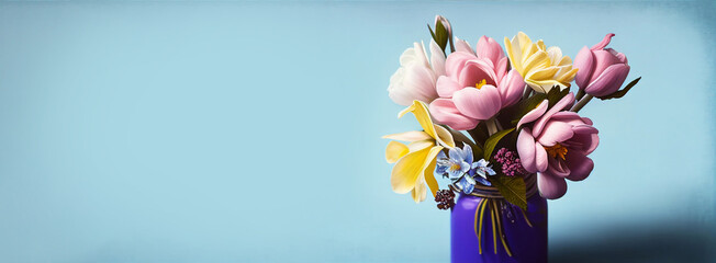 Beautiful pink and yellow spring flowers in vase on blue background with copy space. Illustration AI