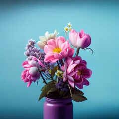 Beautiful pink and yellow spring flowers in vase on blue background. Illustration AI