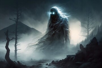 Brocken ghost monster in mountain forest, concept of Phantom Creature and Spectral Being, created with Generative AI technology - obrazy, fototapety, plakaty