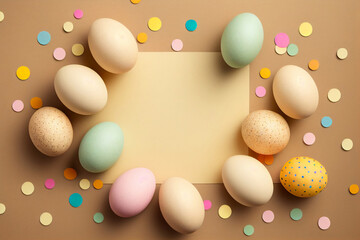 Fototapeta na wymiar Colorful Easter eggs on beige background with copy space. Illustration AI